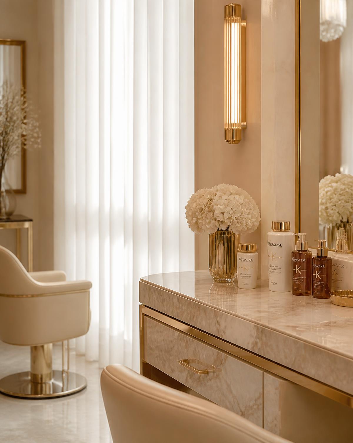 Cream and gold vanity inside the Maison Éclat salon with luxury haircare products